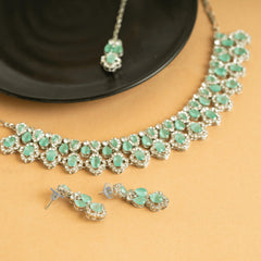 Silver Plated American Diamond Beautiful Design Necklace Set with Earrings and Bindi - Rukhmani