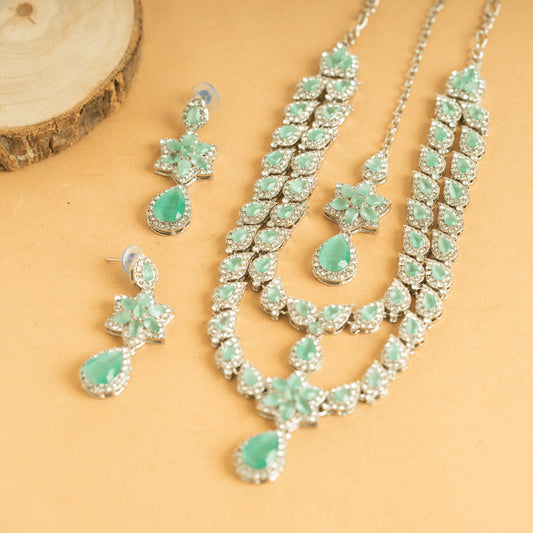 Silver Plated American Diamond Fancy Design Bridal Necklace Set with Earrings and Bindi