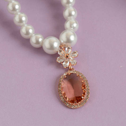 White Pearls and Orange Diamond Attractive Necklace with Earrings - Rukhmani