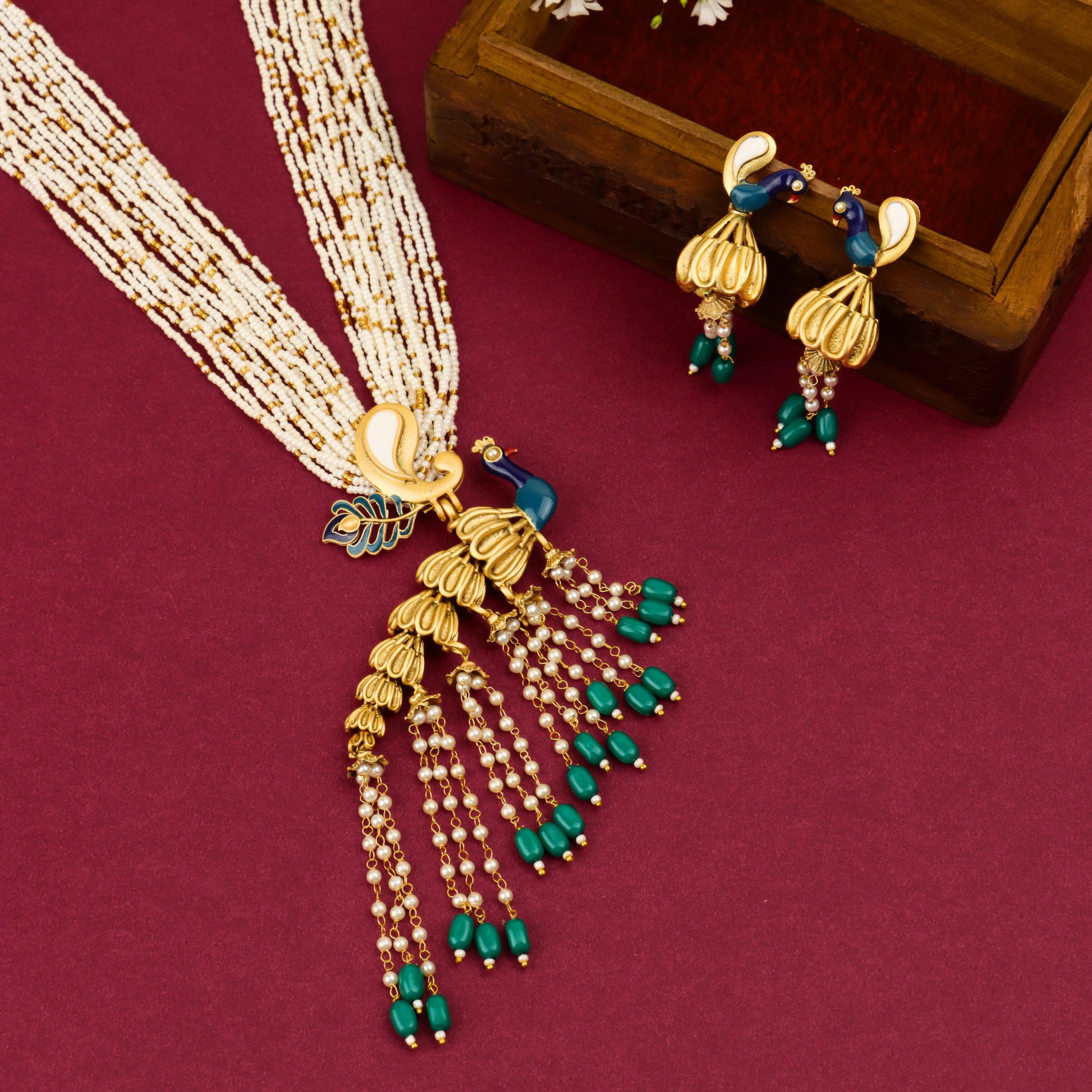 Graceful Peacock Necklace With Earrings - Rukhmani