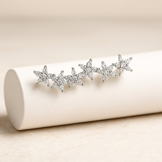 925 Sterling Silver Rhodium Plated Star Cluster Ear Cuffs with Cubic Zirconia