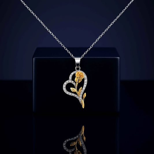 Gold Rose Heart Pendant in 925 Sterling Silver