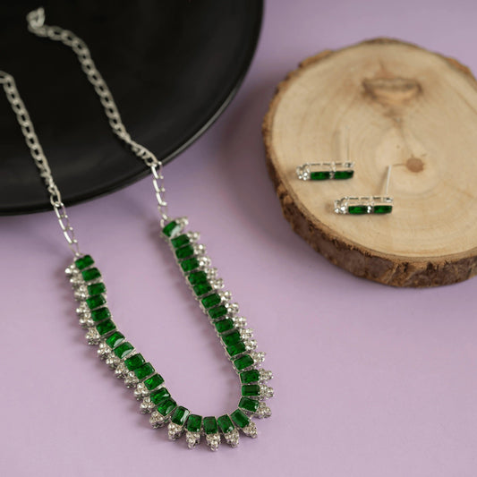 Green and Silver American Diamond Necklace Set with Earrings - Rukhmani