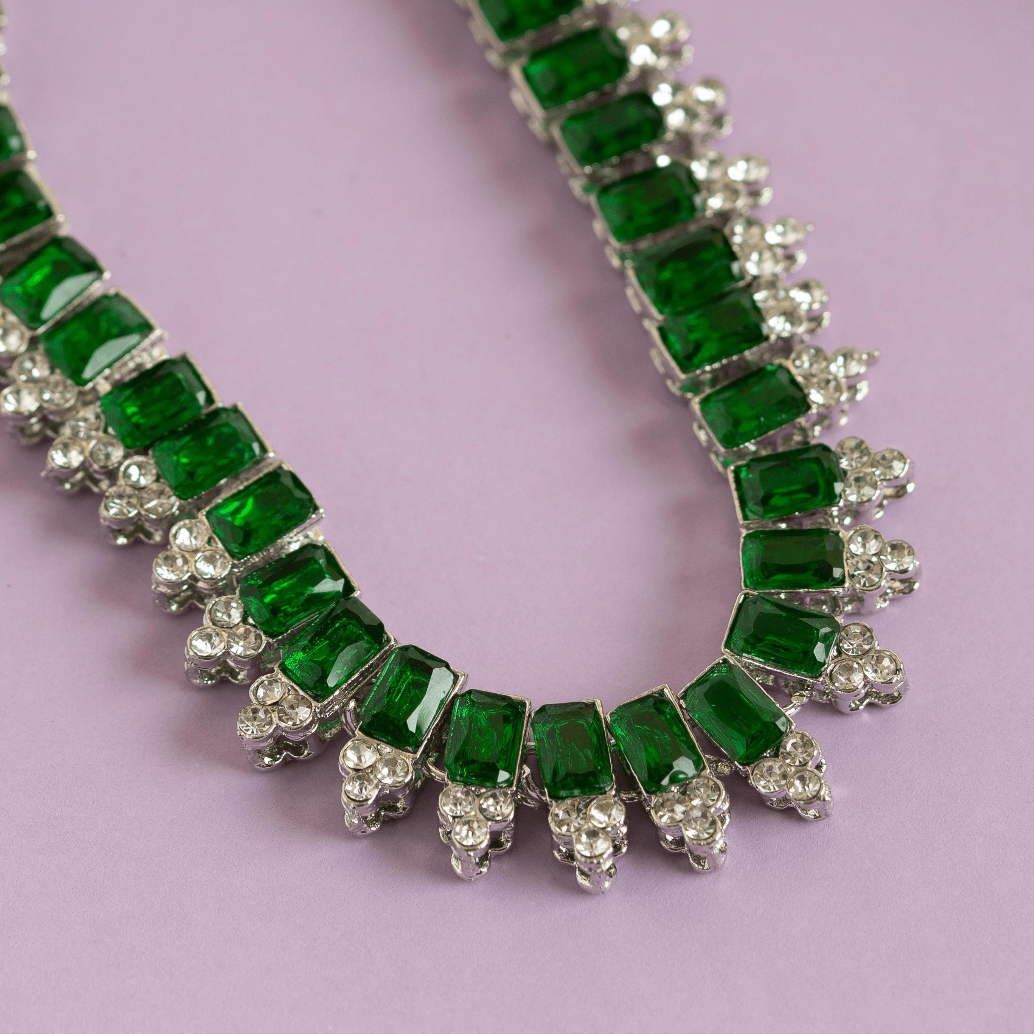 Green and Silver American Diamond Necklace Set with Earrings - Rukhmani