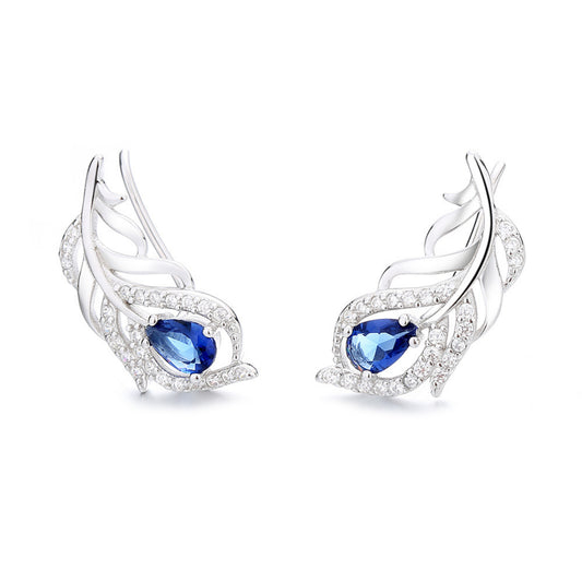 925 Sterling Silver Rhodium Plated Peacock Feather Ear Cuffs with Blue Cubic Zirconia