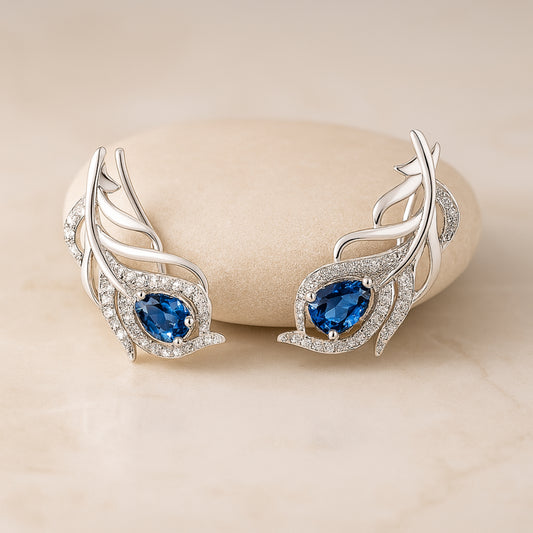 925 Sterling Silver Rhodium Plated Peacock Feather Ear Cuffs with Blue Cubic Zirconia