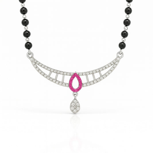 925 Sterling Silver Rhodium Plated Pink & White Cubic Zirconia Teardrop Mangalsutra for Women