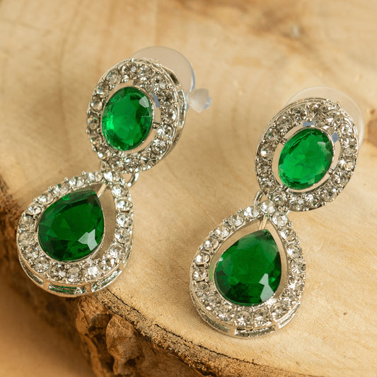 Fancy Silver Plated Green American Diamond Necklace Set With Earrings