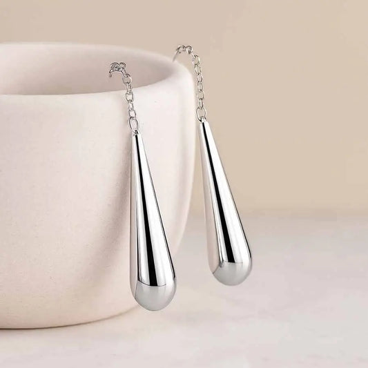 925 Sterling Silver Teardrop Chain Dangle Earrings|Rhodium Plated