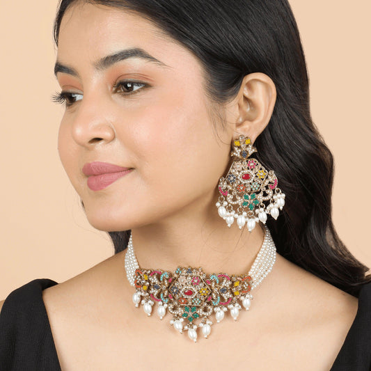 Multicolored Stone Pearl Choker Set with Earrings - Rukhmani
