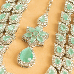 Silver Plated American Diamond Fancy Design Bridal Necklace Set with Earrings and Bindi