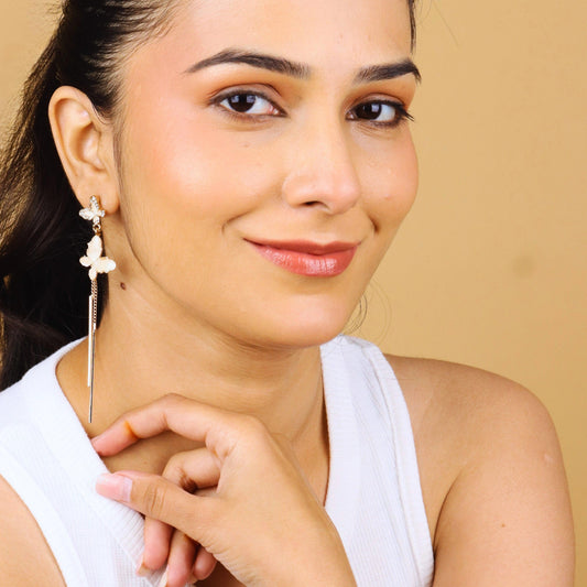 Butterfly Flutter Strings Gold Plated Earrings With Diamonds - Rukhmani