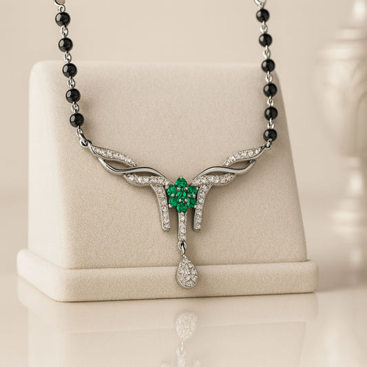 925 Sterling Silver Rhodium Plated Green & White Cubic Zirconia Floral Drop Mangalsutra for Women