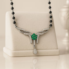 925 Sterling Silver Rhodium Plated Green & White Cubic Zirconia Floral Drop Mangalsutra for Women
