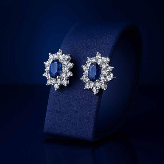 925 Sterling Silver Oval Blue Stone Stud Earrings|Rhodium Plated with Cubic Zirconia Halo