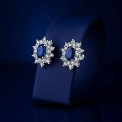 925 Sterling Silver Oval Blue Stone Stud Earrings|Rhodium Plated with Cubic Zirconia Halo