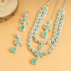 Silver Plated American Diamond Fancy Design Bridal Necklace Set with Earrings and Bindi