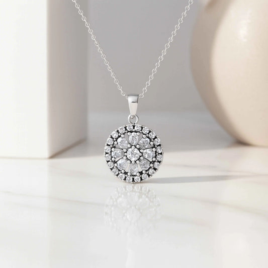 Round White Stone Pendant in 925 Sterling Silver
