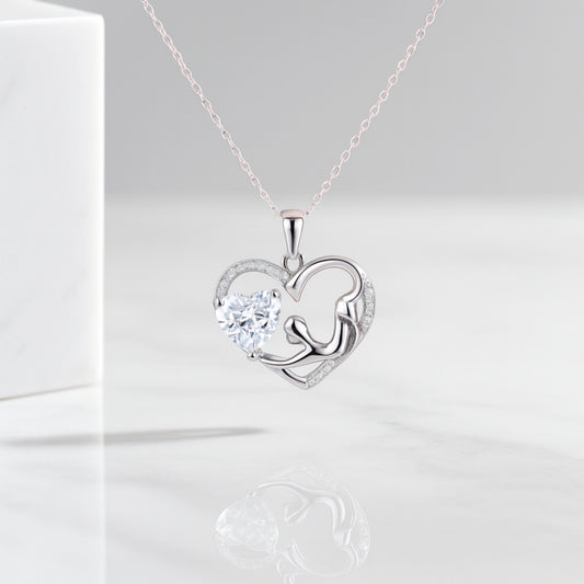 925 Silver Mother and Child Heart Pendant with Crystal Accent
