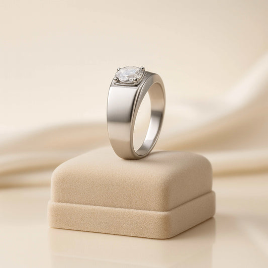 925 Sterling Silver Men’s Ring | Rhodium Plated Solitaire CZ Stone Band