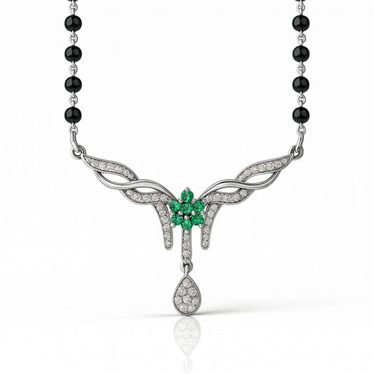 925 Sterling Silver Rhodium Plated Green & White Cubic Zirconia Floral Drop Mangalsutra for Women