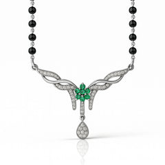 925 Sterling Silver Rhodium Plated Green & White Cubic Zirconia Floral Drop Mangalsutra for Women