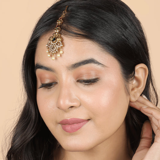 Peacock Green Stone Gold Plated Mangtika