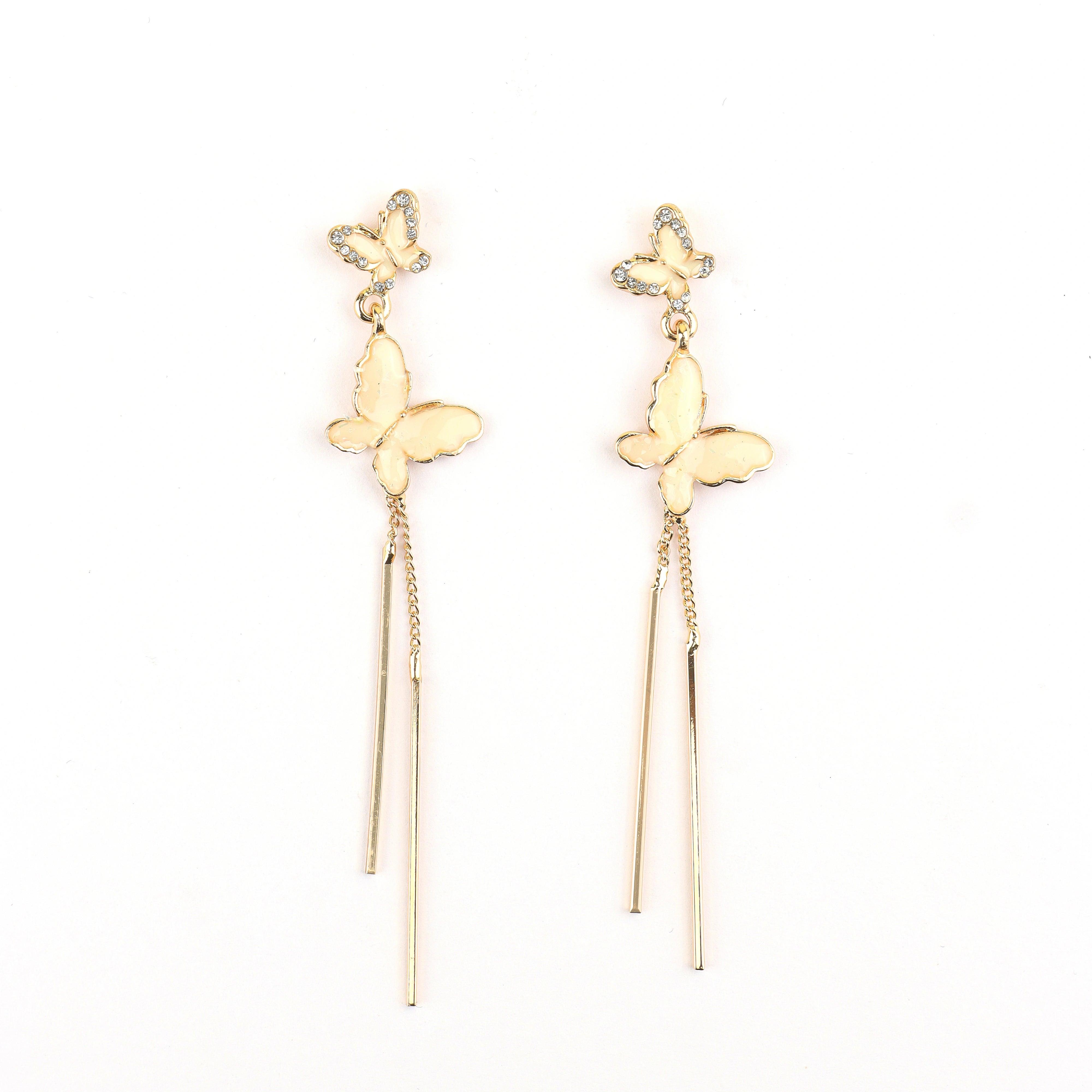 Butterfly Flutter Strings Gold Plated Earrings With Diamonds - Rukhmani