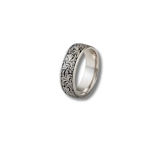 925 Sterling Silver Rhodium Plated Vintage Engraved Band Ring for Men