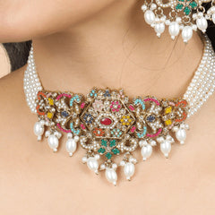 Multicolored Stone Pearl Choker Set with Earrings - Rukhmani