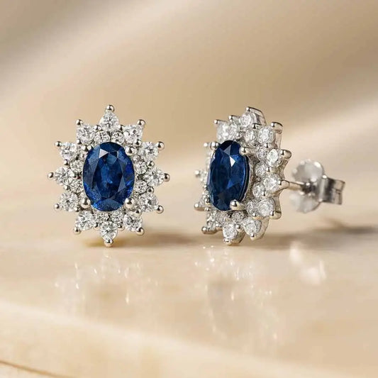 925 Sterling Silver Oval Blue Stone Stud Earrings|Rhodium Plated with Cubic Zirconia Halo