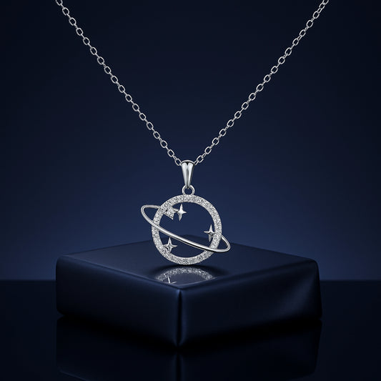 925 Silver Planet and Stars Pendant with Crystal Circle