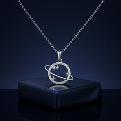 925 Silver Planet and Stars Pendant with Crystal Circle