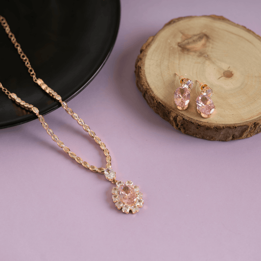 Rose Gold Crystal Necklace with Earrings - Rukhmani