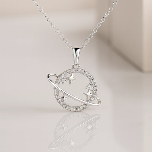 925 Silver Planet and Stars Pendant with Crystal Circle
