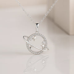 925 Silver Planet and Stars Pendant with Crystal Circle