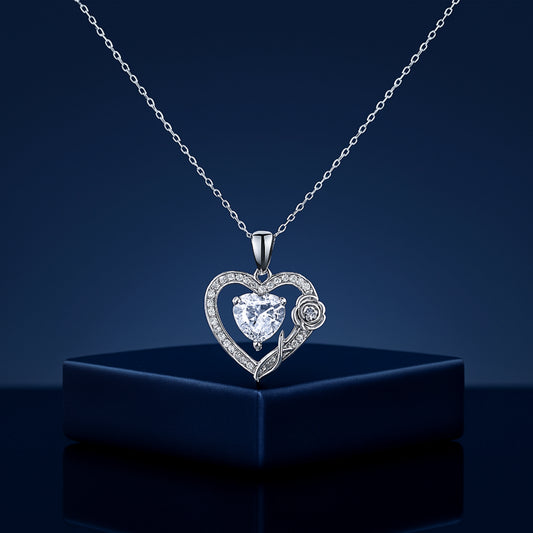 925 Silver Heart Pendant with Crystal and Rose Detail