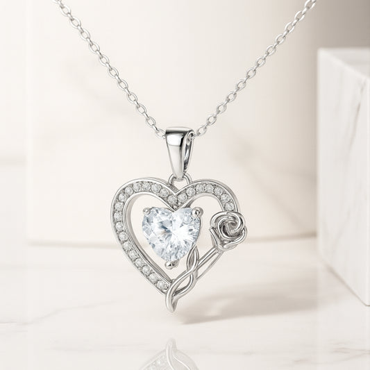 925 Silver Heart Pendant with Crystal and Rose Detail