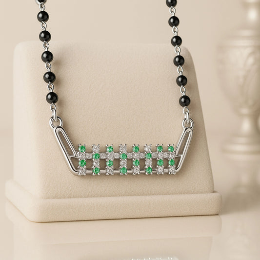 925 Sterling Silver Rhodium Plated Green & White Cubic Zirconia Geometric Mangalsutra for Women