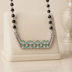 925 Sterling Silver Rhodium Plated Green & White Cubic Zirconia Geometric Mangalsutra for Women