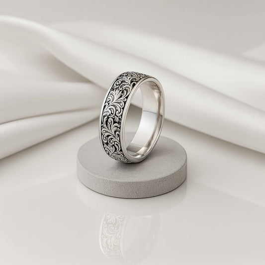 925 Sterling Silver Rhodium Plated Vintage Engraved Band Ring for Men