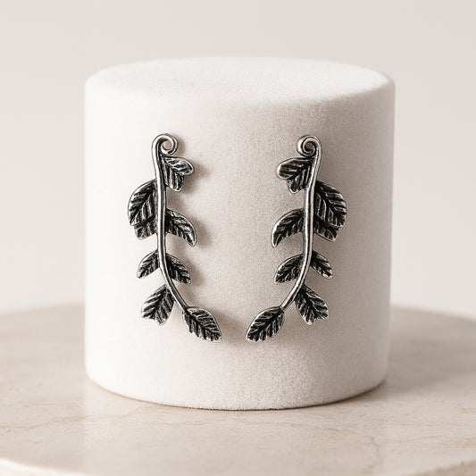 925 Sterling Silver Oxidized Leaf Design Ear Cuffs