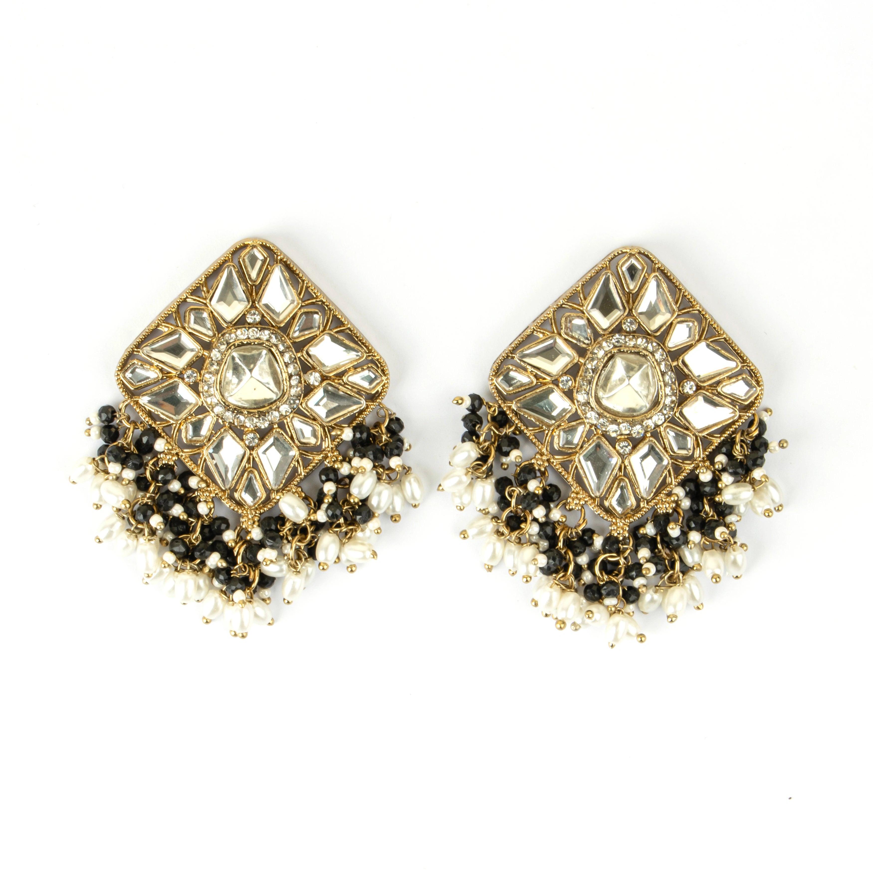 Trending Design Square Polki Beautiful Jhumkas With Hanging Black Beads - Rukhmani