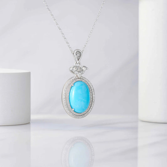 Elegant Turquoise Oval Pendant in 925 Sterling Silver with Double Halo