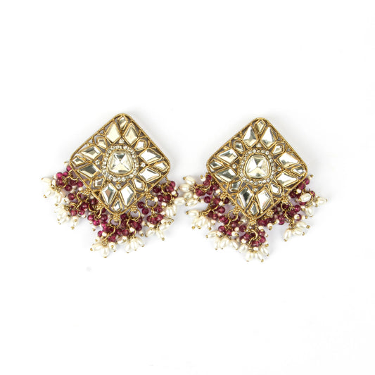 Trending Design Square Polki Beautiful Jhumkas With Hanging Maroon Beads - Rukhmani