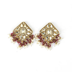 Trending Design Square Polki Beautiful Jhumkas With Hanging Maroon Beads - Rukhmani