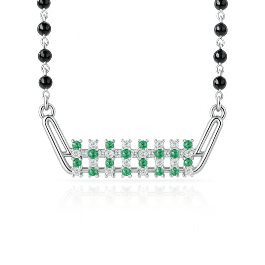 925 Sterling Silver Rhodium Plated Green & White Cubic Zirconia Geometric Mangalsutra for Women