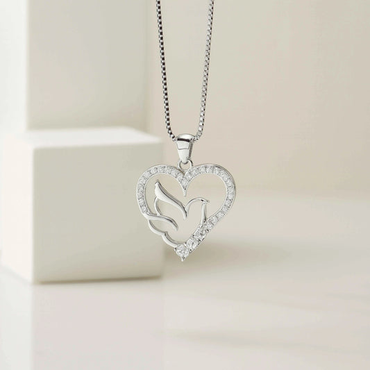 925 Silver Dove and Heart Pendant with Crystal Accents