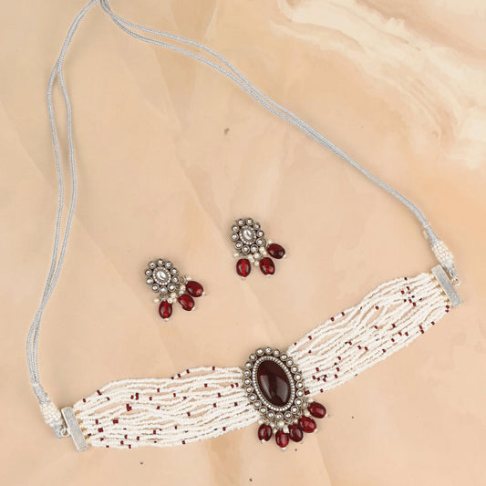 Red Stone Pearl Choker with Earrings