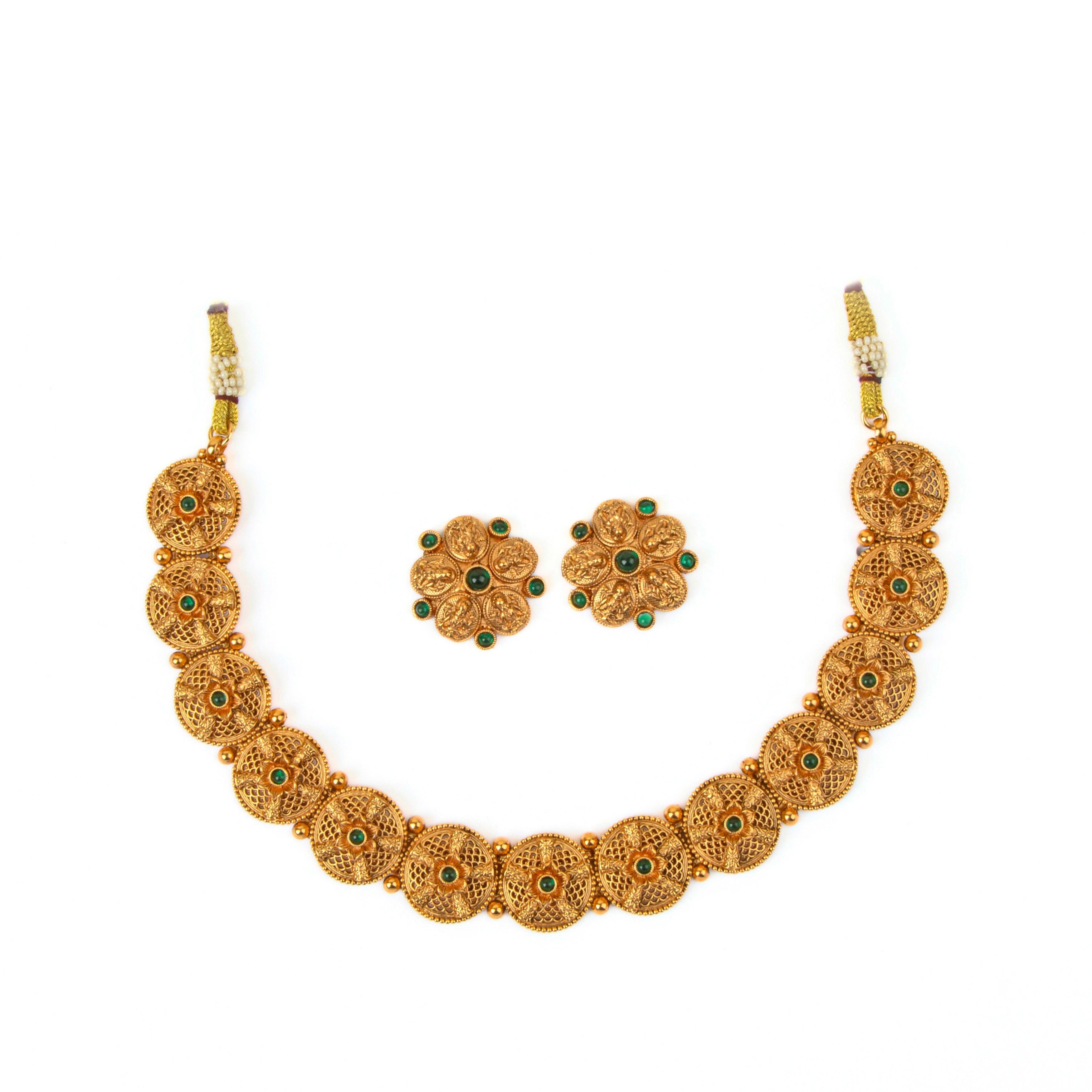 Royal South Indian Green Stone Necklace with Earrings - Rukhmani